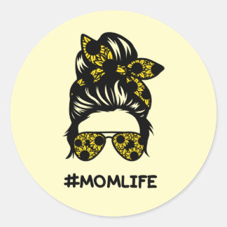 Mam #momlife rommelige bun zonnebloem ronde sticker