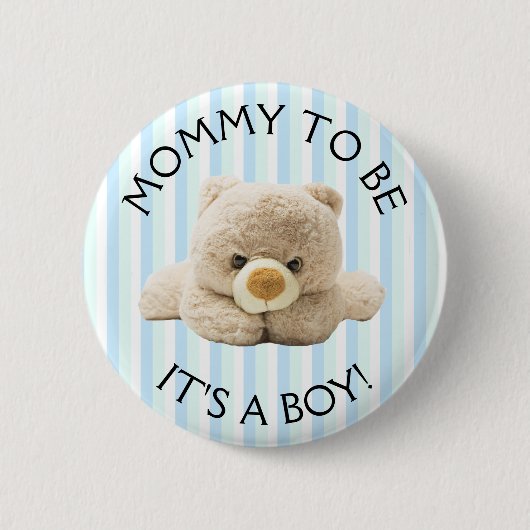 Mam om "Teddy Bear" Blue Baby shower Button te zij (Voorkant)