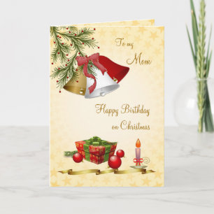 Mam, op kerstkaart met bellen, kaars feestdagen kaart