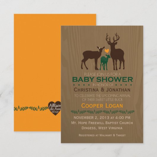 Mam, papa en Baby Boy Deer - Oranje douche nodigt  Kaart (Voorkant / Achterkant)