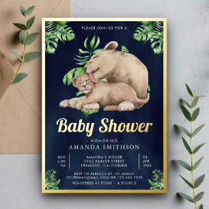 Mama Baby Leeuwenwelp Jungle Navy Baby Shower Goud Folie Uitnodiging