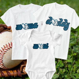 Mama Baseball Familie Matching Blauwe Typografie T-shirt