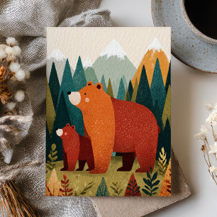 Mama Beer en Welp Cartoon Bergachtig Bos Landschap Briefkaart