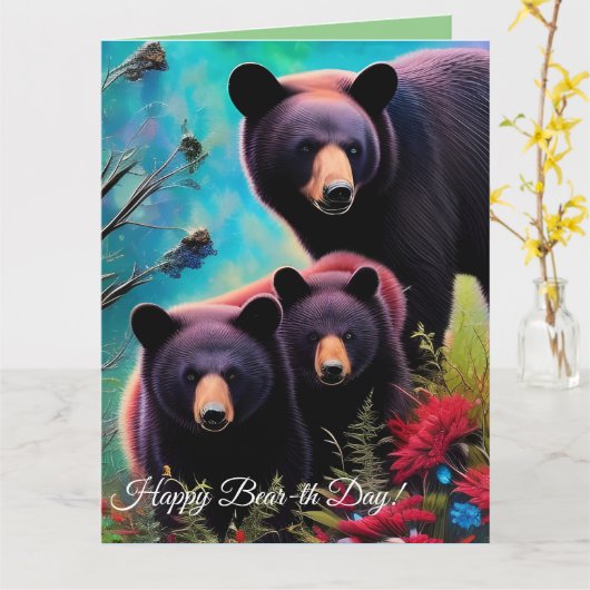 Mama Beer en welpen verjaardagskaart Kaart (Gele Bloem)