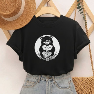 Mama Beer met Twee Welpen Hart Lijn Kunst Design T-shirt