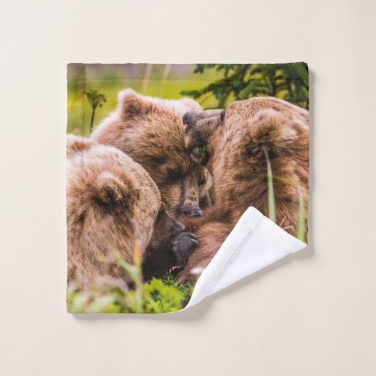 Mama beer verzorgt haar twee cubs, Lake Clark Nati Bad Handdoek (Wasdoekje)
