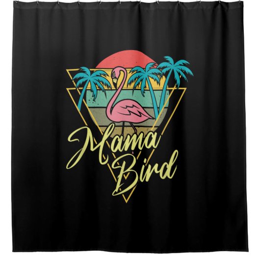 Mama Bird Flamingo Sunset Palm Tree Beach 80's Douchegordijn (Voorkant)