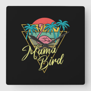 Mama Bird Flamingo Sunset Palm Tree Beach 80's Vierkante Klok