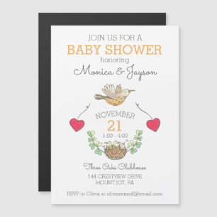 Mama Bird with Hearts and Nest Baby shower Magnetische Uitnodiging