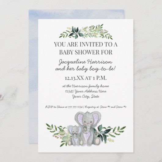 Mama Boy Baby Elephant Foliage Pastel Blue Shower Kaart (Voorkant / Achterkant)