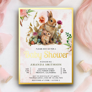 Mama en Baby Bloem Bunny Baby Shower Goud Folie Uitnodiging
