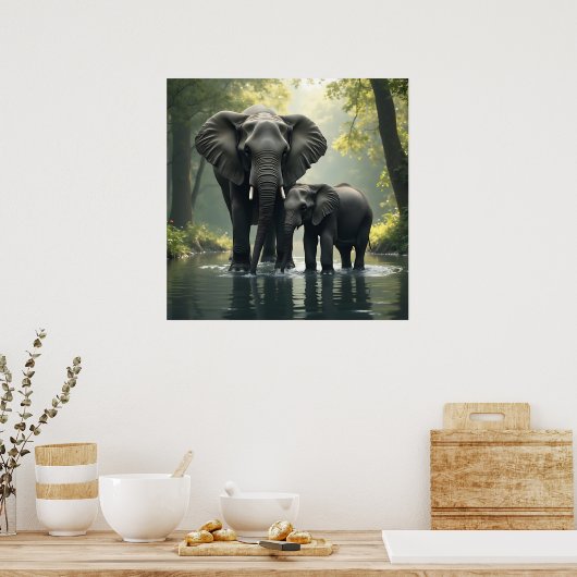 Mama en Baby olifant in het regenwoud Poster (Keuken)