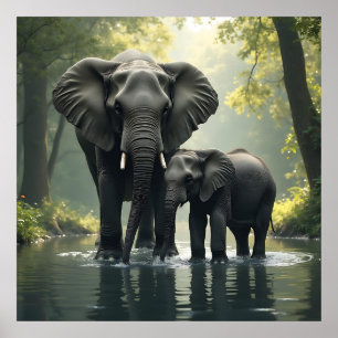 Mama en Baby olifant in het regenwoud Poster