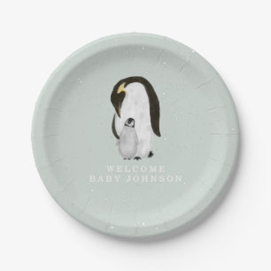 Mama en Baby Penguins Blue Winter Baby shower Papieren Bordje