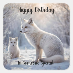 Mama en Baby White Arctic Fox, Verjaardag Vierkante Sticker
