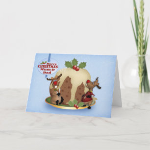 Mama en papa Kerstmaaltijd Kaart met pudding & ren