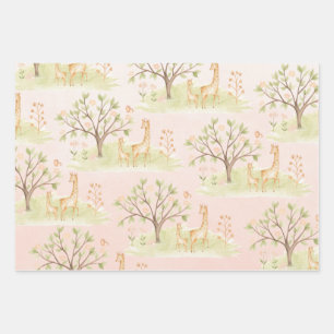 Mama Giraffe met Baby en vrienden Blush Pink Inpakpapier Vel
