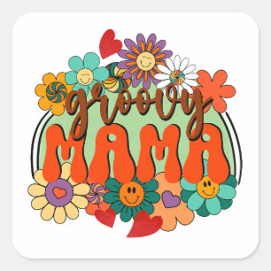 Mama Groovy Bloemen, Bloemen Retro Moederschap Vierkante Sticker