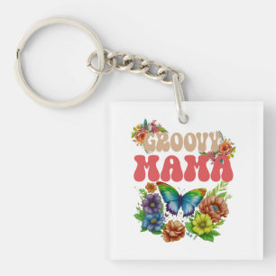 Mama Groovy Bloemen, Retro Moederschap Kleurrijk Sleutelhanger