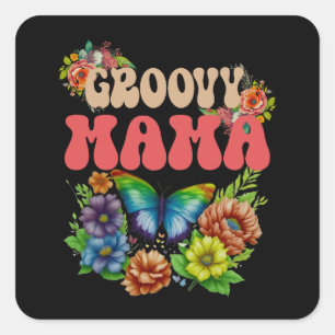 Mama Groovy Floral, Retro Floral Moederdag Vierkante Sticker