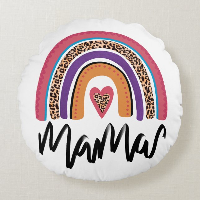 Mama Leopard Rainbow Rond Kussen (Voorkant)