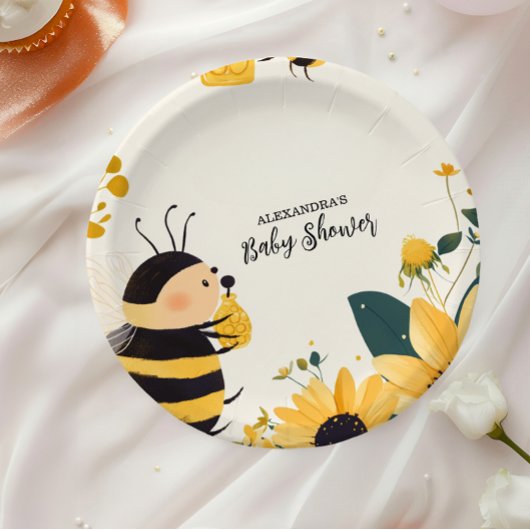 mama naar Bee Yellow Floral Baby shower Papieren Bordje
