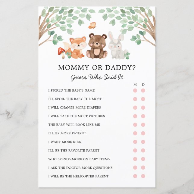 Mama of Daddy Woodland Baby shower Spel (Voorkant)