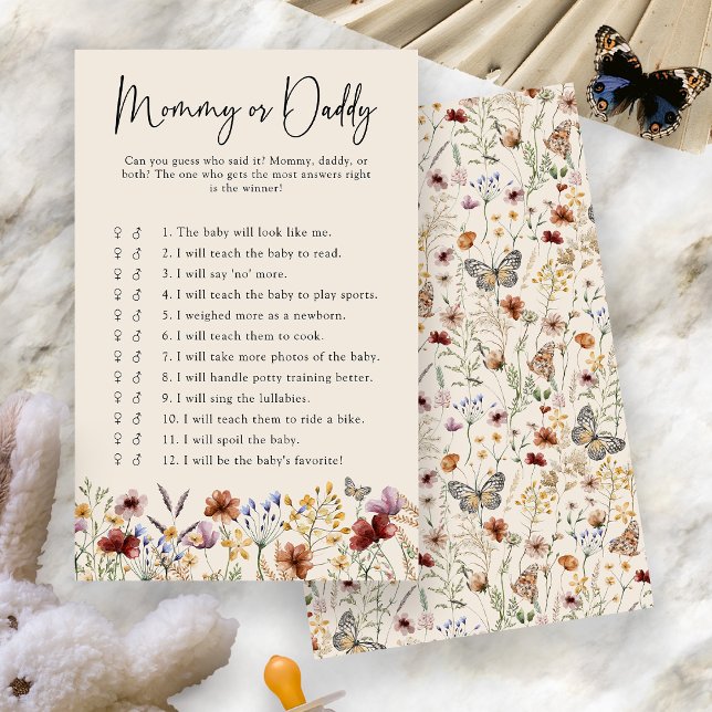 Mama of papa Baby spel (Boho Floral Mommy Or Daddy Baby Game Card by Painted Paperie
)