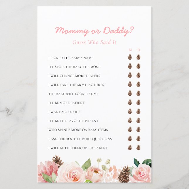 Mama of papa Roze Winter Baby shower Game (Voorkant)