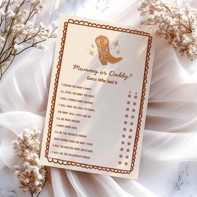 Mama of papa Western Baby shower Spel (Mommy or Daddy Western Cowboy Themed Baby Shower Game)