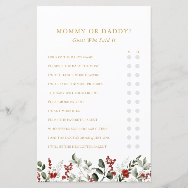 Mama of Papa Winter Baby shower Spel (Voorkant)