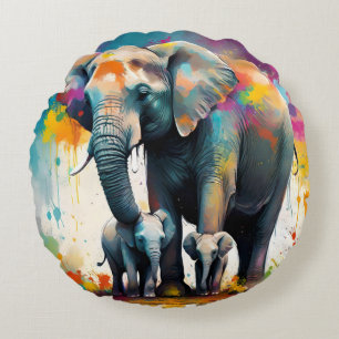 Mama Olifant En Baby Olifanten Kleurensplash, Rond Kussen