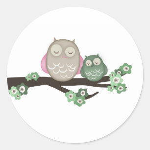 Mama Owl & Baby {Green} Autocollants