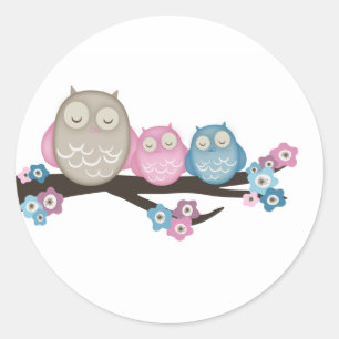 Mama Owl & Twins {Roze & Blauw} Stickers