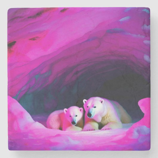 Mama Polar Beer met Cub | Stenen Onderzetter (Voorkant)