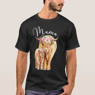 Mama Schotse Hooglander Koe Met Baby Kalf Bloemrij T-shirt