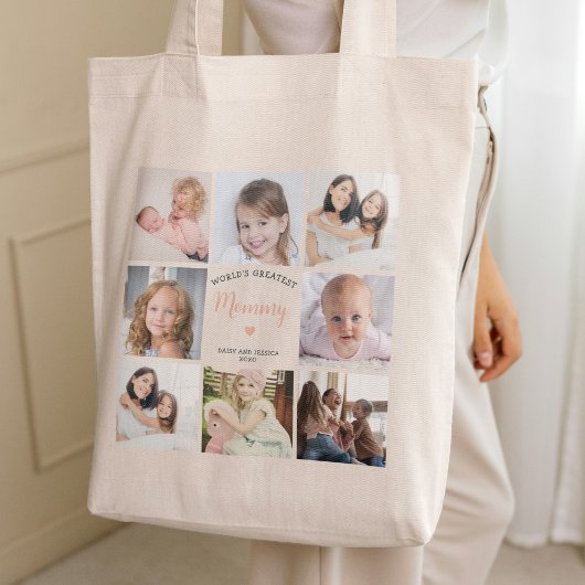 Mama stijlvolle fotocollage roze hart tote bag