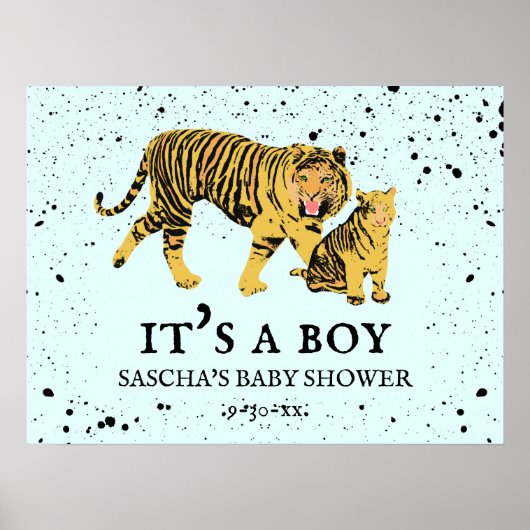 Mama Tiger Paint Splatter Blue Boy Baby shower Poster (Voorkant)