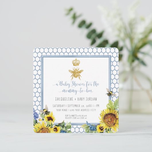 Mama to Bee Bumblebee Zonnebloem Goud QR Code Baby Kaart (Staand voorkant)