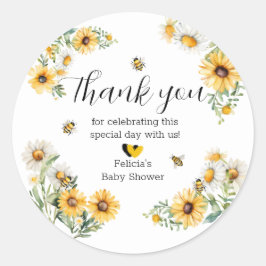 Mama to Bee Yellow flowers Bumblebee Baby shower Ronde Sticker