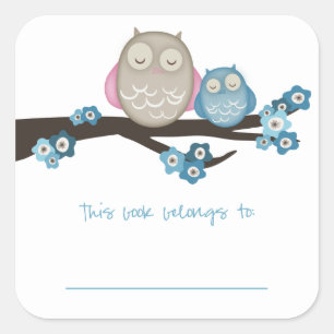 Mama Uil & Baby {Blauw} Boekplaten Vierkante Sticker
