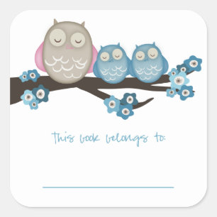 Mama Uil & Twins {Blauw} Boekplaten Vierkante Sticker