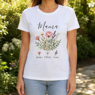 Mama Watercolor Bloemen met Kinderen Namen T-shirt