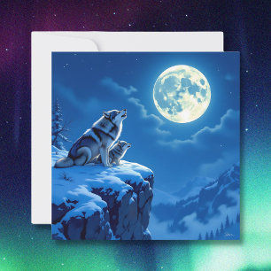 Mama Wolf en haar welp huilen bij de maan Feestdagenkaart