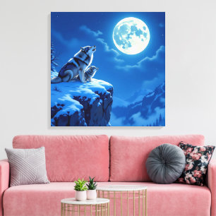 Mama Wolf en haar Welp Huilen naar de Maan Canvas Afdruk