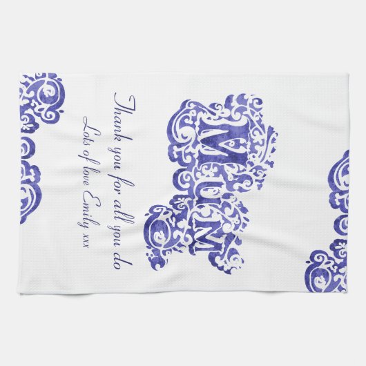 Maman nous t'aimons bleu & blanc serviette de cuis (Horizontal)