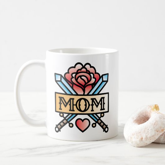 Maman Tattoo Style Rose café Mug (Avec donut)