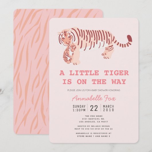 Maman Tiger Carry Cub Baby shower rose Invitation (Devant / Derrière)