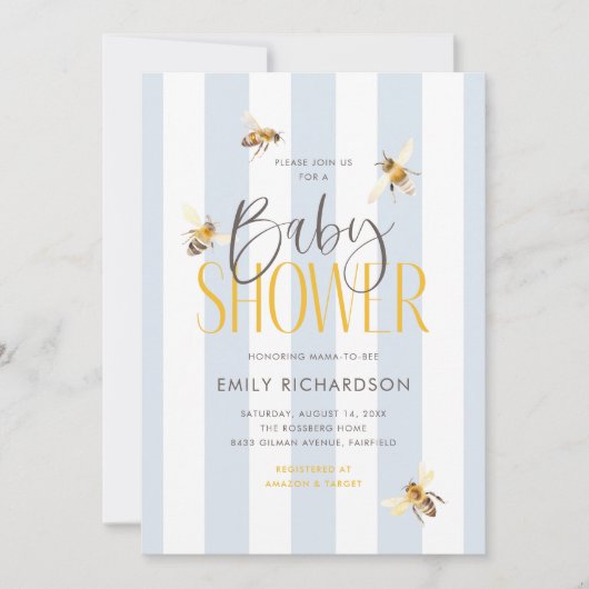 Maman to Bee Honey Baby shower bleu Invitation (Devant)