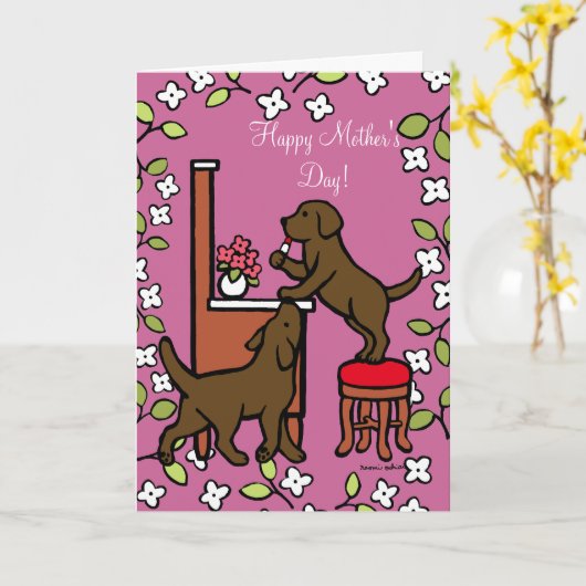 Mama's Chocolate Lab Puppy Duo Kaart (Gele Bloem)